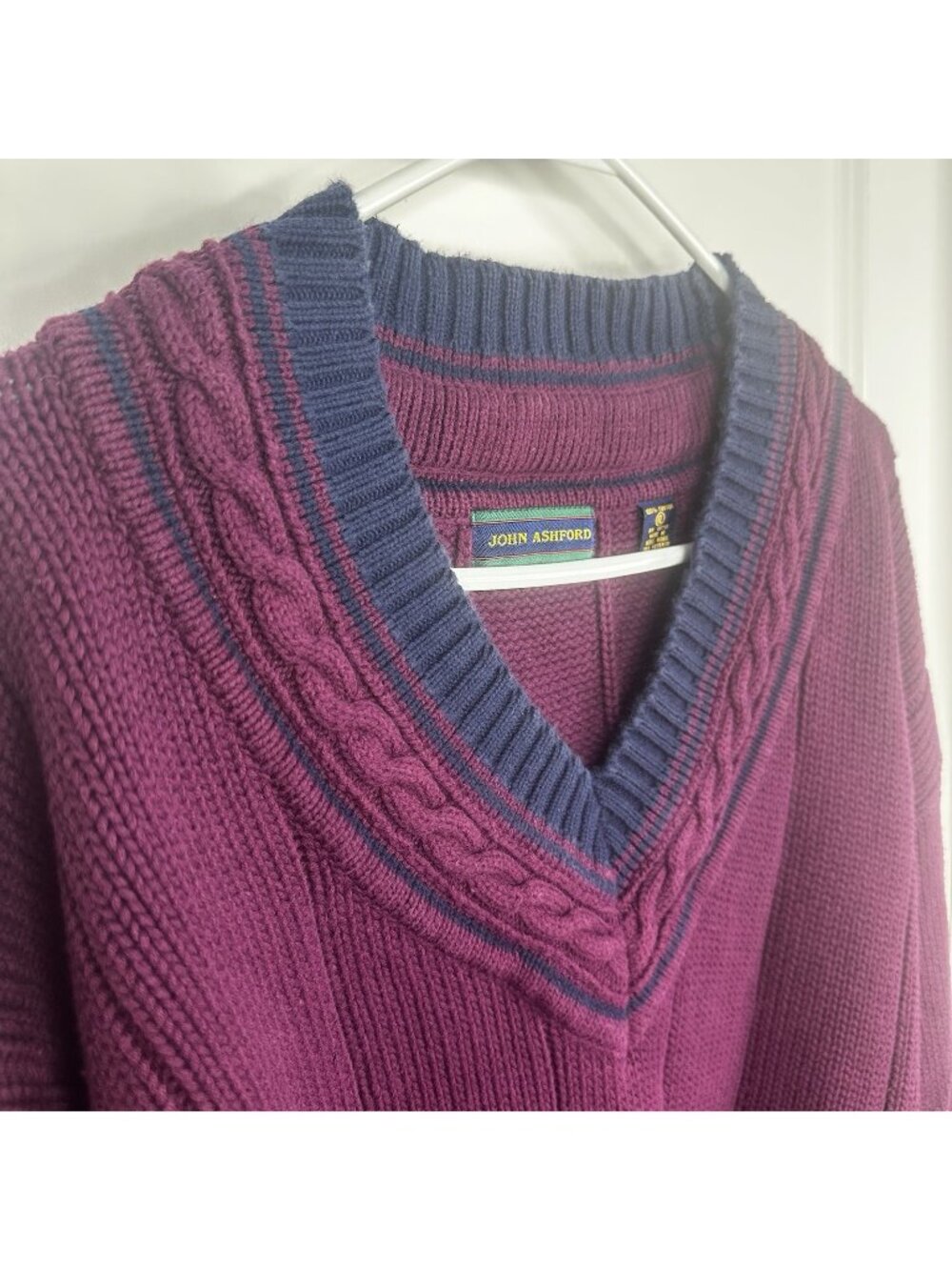 VTG 1990s Tennis Sweater Mens XL Maroon V-Neck Chunky Cable Knit Retro Ashford